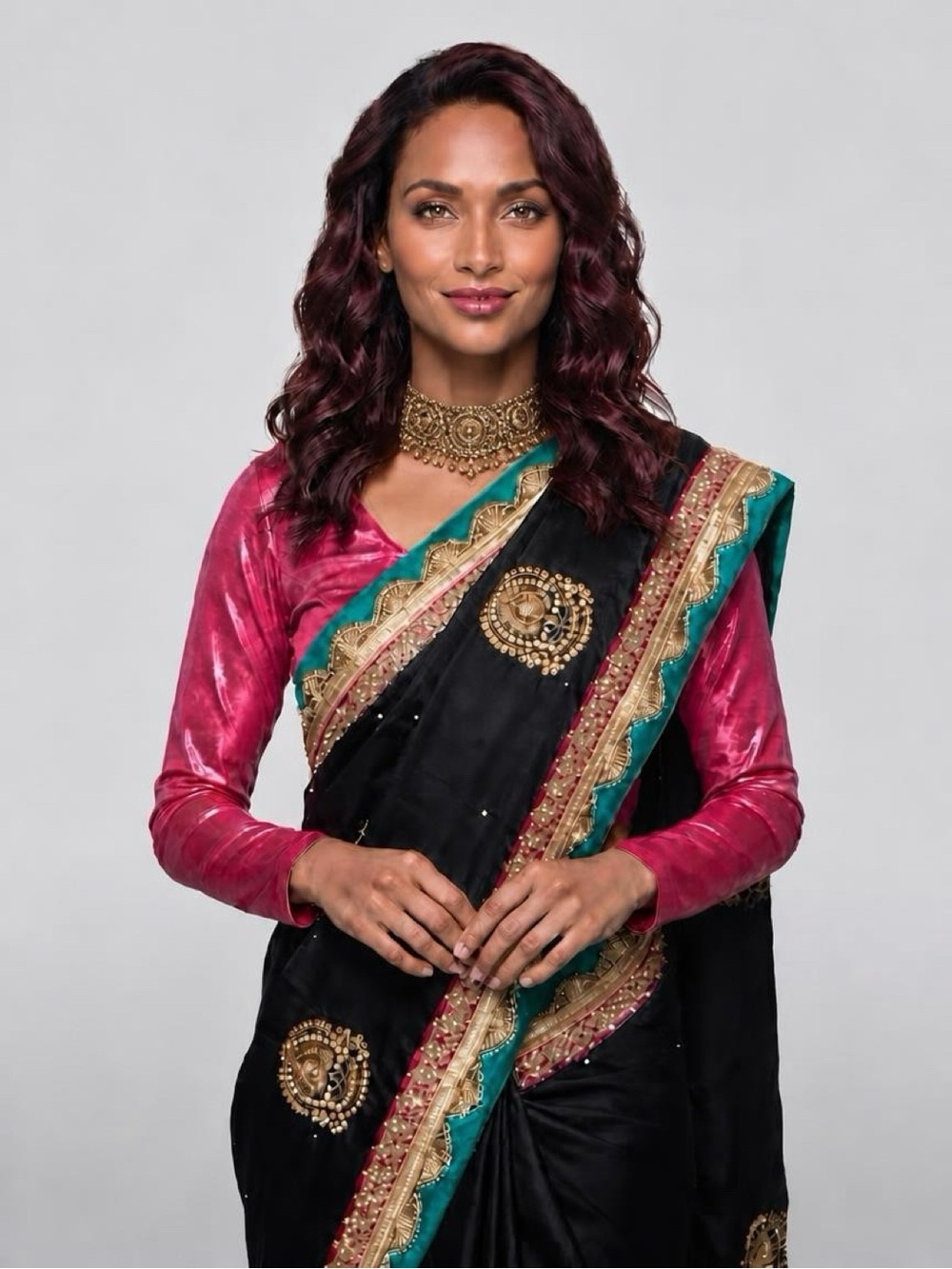 Beautiful Black & Gold Embroidered Saree with Teal Trim
